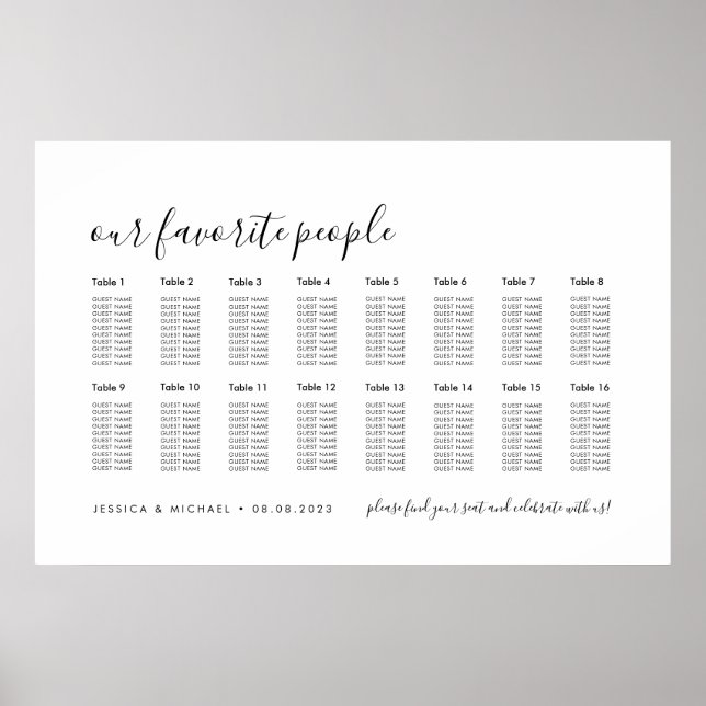 Poster 16 Table Elegant Wedding Guest Seating Chart (Frente)