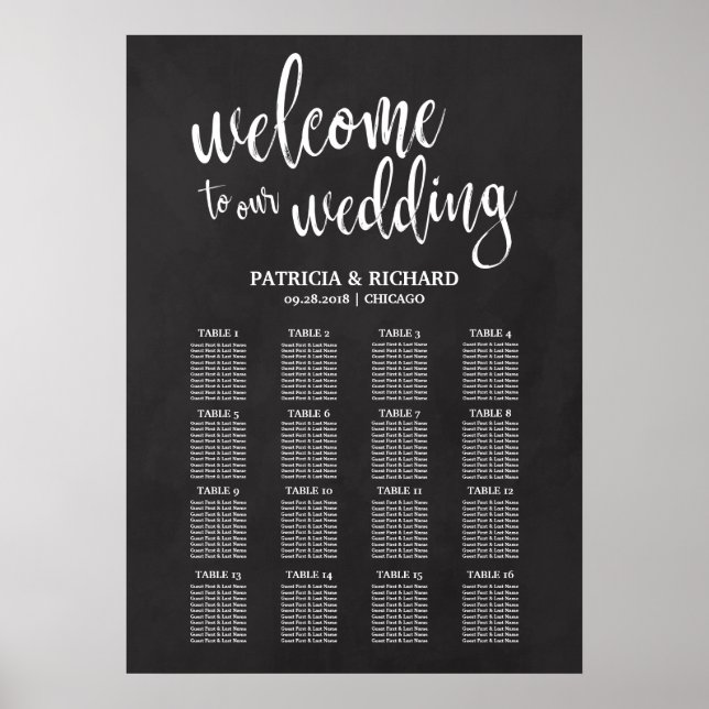 Poster 16 Tables Wedding Seating Chart Sign Chalkboard (Frente)