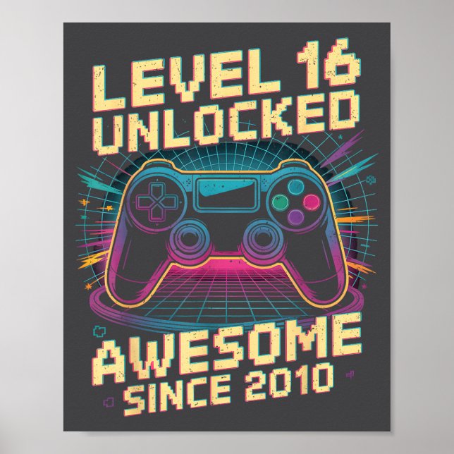 Poster 16 Year Old Boy Level 16 Gamer 2010 16th Birthday  (Frente)