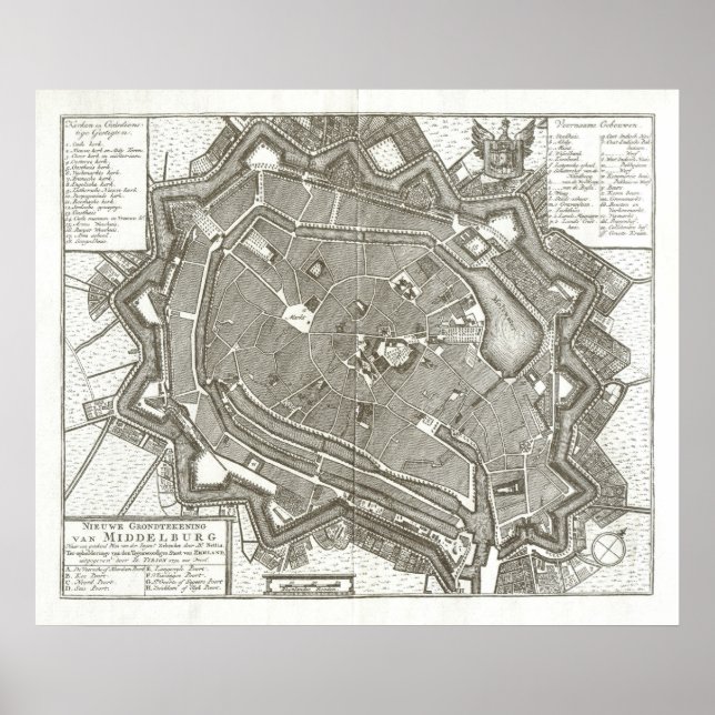 Pôster 1751 mapa de Middelburg, Países Baixos (Frente)