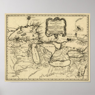 Pôster 1755 grandes lagos e mapa novo de France/Canadá
