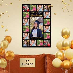 Poster 17 Colagem de Fotos Congrats Graduado Preto e Dour