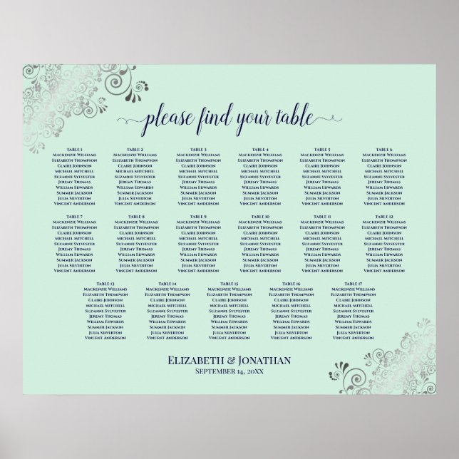 Poster 17 Mesa Mint Green & Marinho Wedding Seating Chart (Frente)