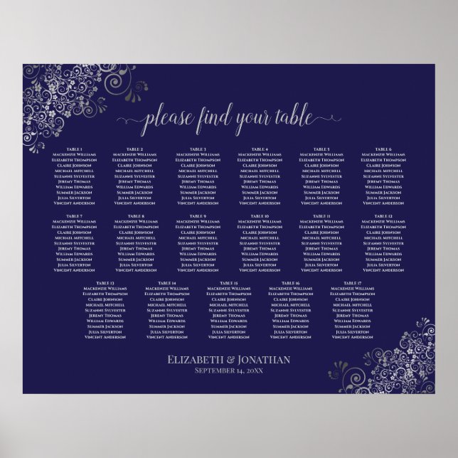 Poster 17 Mesa Prata no Marinho Blue Wedding Seating Char (Frente)