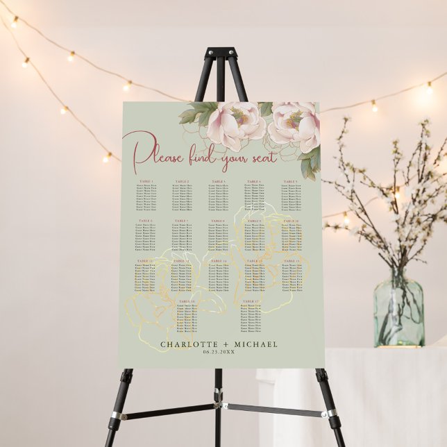 Poster 17 Mesa Sage & Blush Floral Wedding Seating Chart (Criador carregado)
