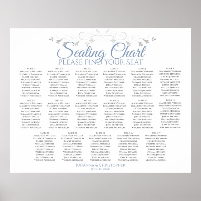 Poster 17 Table Blue & Gray Wedding Seating Chart (Frente)