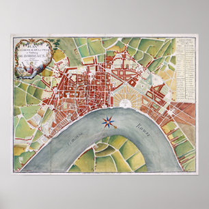 Pôster 1800 plano da cidade do Bordéus, France