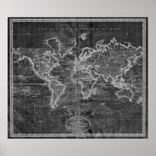 Poster 1801) Inverse preto e branco do mapa do mundo (