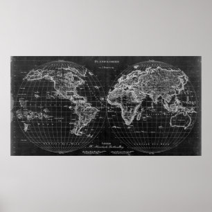 Poster 1827) Inverse preto e branco do mapa do mundo (