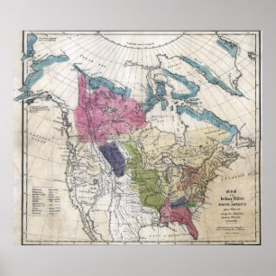 Pôster 1836 tribos indianos de mapa de America do Norte