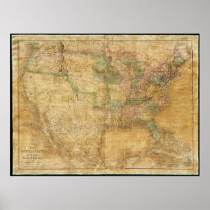 Pôster 1839 David H. Burr Wall Map dos Estados Unidos