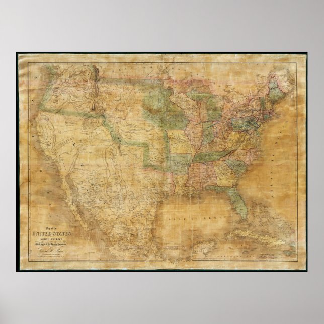 Pôster 1839 David H. Burr Wall Map dos Estados Unidos (Frente)