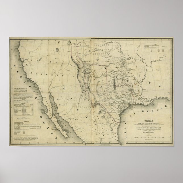 Pôster 1844  Map of Texas and the Countries Adjacent (Frente)