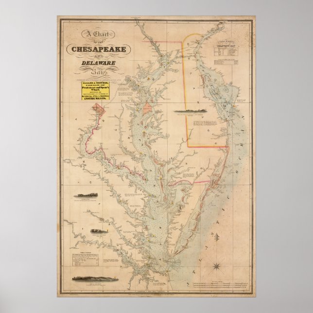 Pôster 1852 Gráfico de Baías Chesapeake e Delaware (Frente)