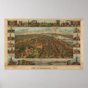 Pôster 1855 Harrisburg, mapa panorâmico da opinião de