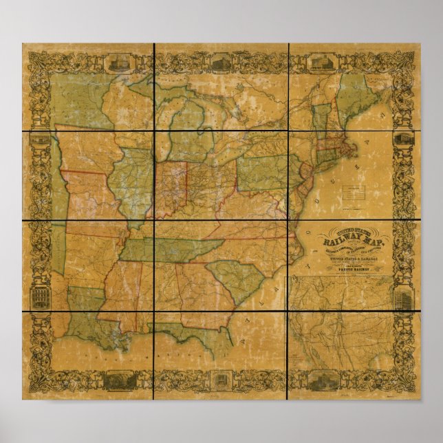 Pôster 1856 Antecipado Mapa Ferroviário dos Estados Unido (Frente)