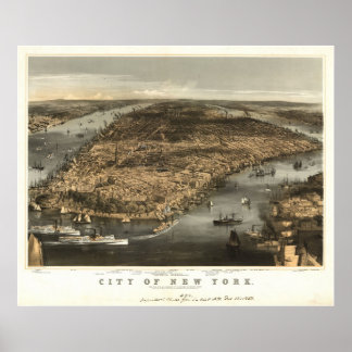 Pôster 1856 Nova Iorque NY Birds Olhos Ver Mapa Panorâmic