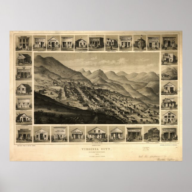 Pôster 1861 Virginia City NV Birds Eye Ver Mapa Panorâmic (Frente)