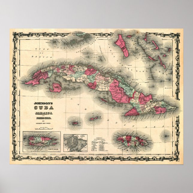 Poster 1862 Mapa da CUBA, JAMAICA e PORTO RICO (Frente)