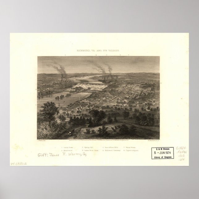 Poster 1863 Richmond, VA Bird's Eye View Panorâmica Map (Frente)