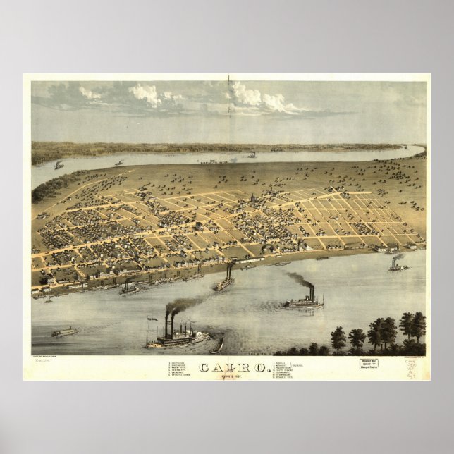 Pôster 1867 Cairo, IL Birds Eye Ver Mapa Panorâmico (Frente)