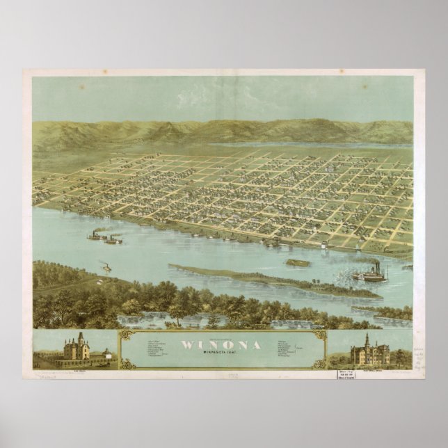 Poster 1867 Winona, MN Birds Eye Ver Mapa Panorâmico (Frente)
