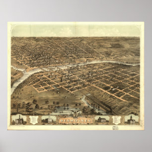 Poster 1868 Moines Des, IA Birds Olhos Ver Mapa Panorâmic
