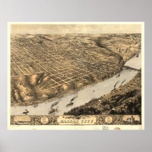 Pôster 1869 Kansas City, mapa panorâmico da opinião de