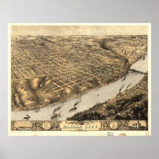 Pôster 1869 Kansas City, MO Birds Eye Ver Mapa Panorâmico