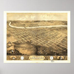 Pôster 1869 Lawrence, mapa panorâmico da opinião de olh
