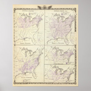 Pôster 1870 mapas do recenseamento dos Estados Unidos