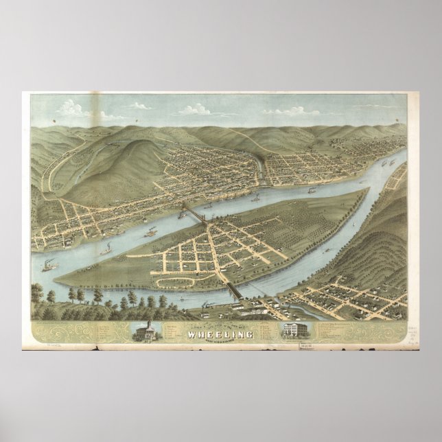 Pôster 1870 Rodas, Mapa Panorâmico de Vista de Pássaro da (Frente)