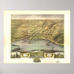 Poster 1870 Stillwater, mapa panorâmico da opinião de