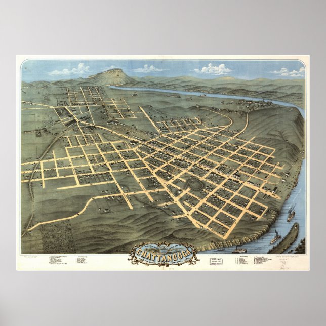Pôster 1871 Chattanooga, TN Birds Eye Ver Mapa Panorâmico (Frente)