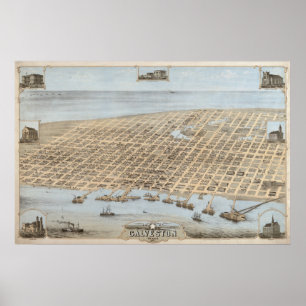 Pôster 1871 Galveston, mapa panorâmico da opinião de ol