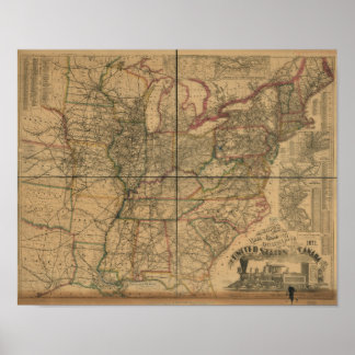 Poster 1871 Railroad and Distance Map of U.S. & Canada