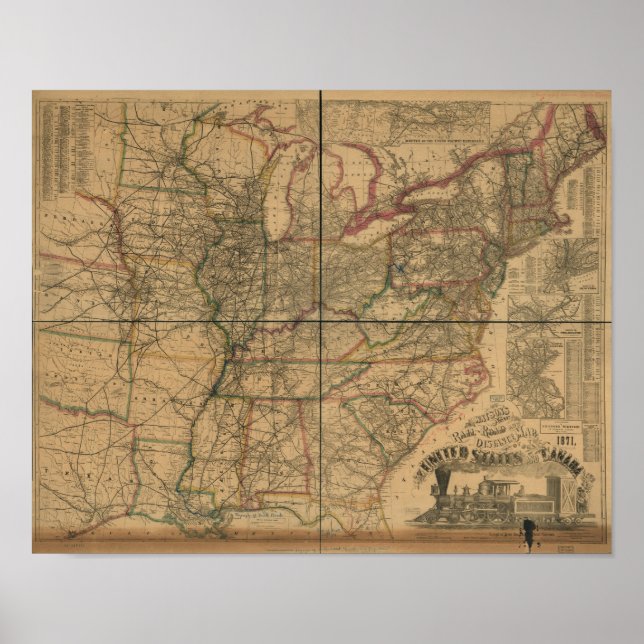 Poster 1871 Railroad and Distance Map of U.S. & Canada (Frente)