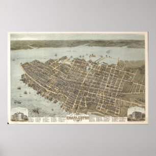 Pôster 1872 Charleston, mapa panorâmico da opinião de