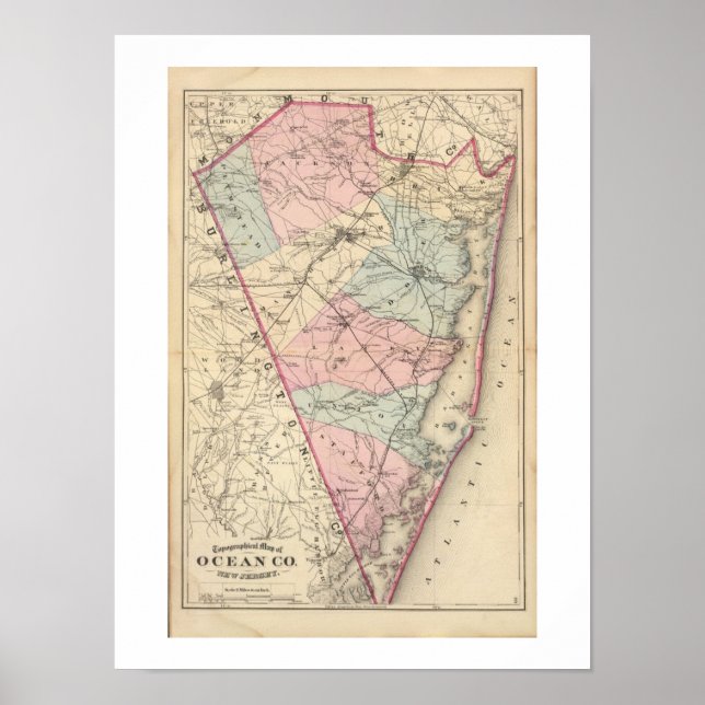 Pôster 1872 REPRO Vintage Map Ocean County NJ (Frente)
