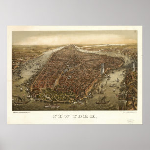 Pôster 1874 New York City NY Birds Eye View Panoramic Map