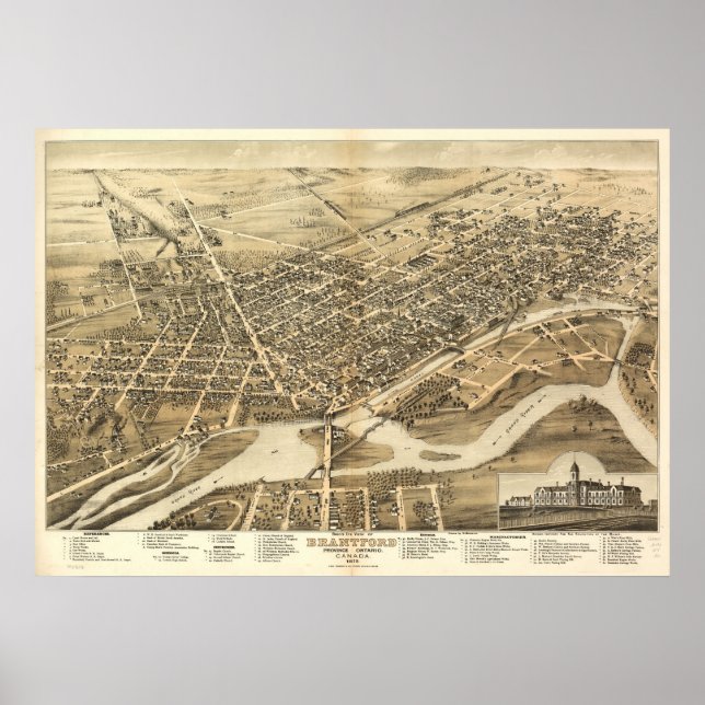 Pôster 1875 Brantford, Mapa Panorâmico Olho de Ontário Bi (Frente)