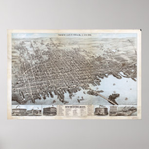 Poster 1876 New Bedford, mapa panorâmico da opinião de