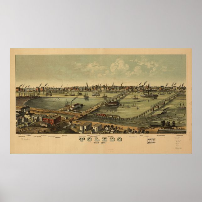 Pôster 1876 Toledo, OH Birds Eye Panorâmica Map (Frente)