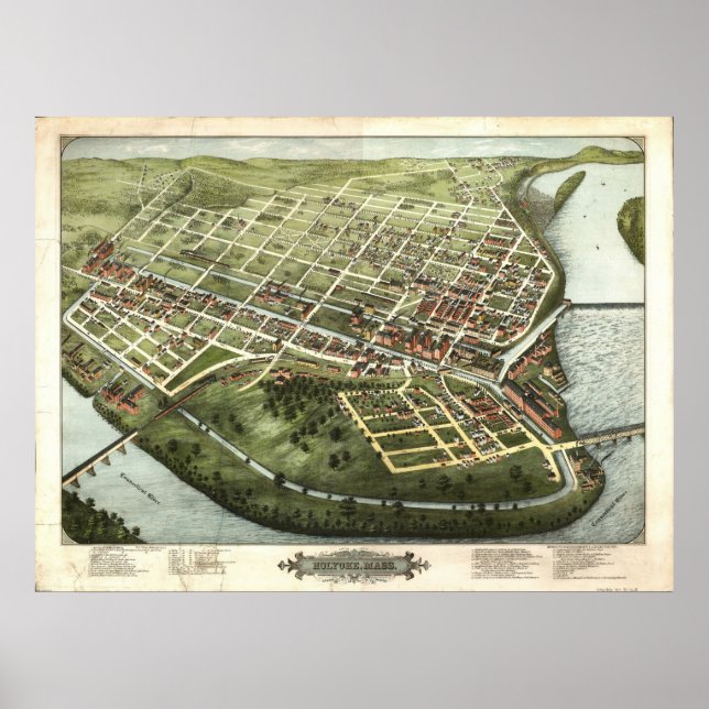 Pôster 1877 Holyoke, MÃES Birds Olhos Ver Mapa Panorâmico (Frente)