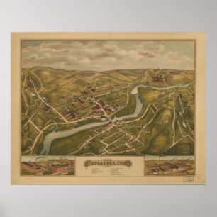 Pôster 1877 Naugatuck CT Birds Olhos Ver Mapa Panorâmico