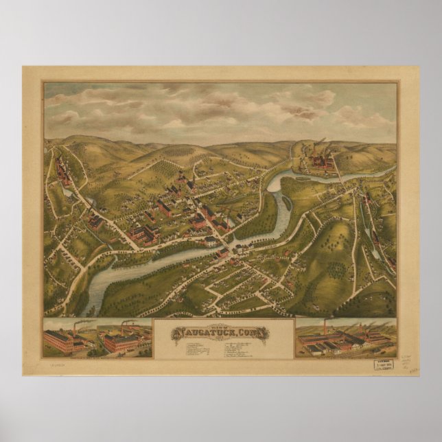 Pôster 1877 Naugatuck CT Birds Olhos Ver Mapa Panorâmico (Frente)