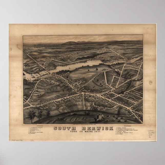 Poster 1877 South Berwick ME Birds Eye Ver Mapa Panorâmic (Frente)