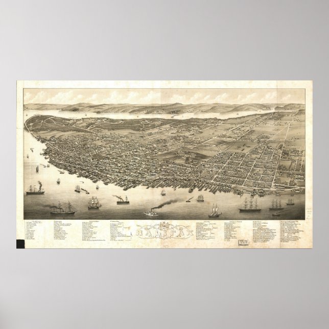 Pôster 1879 Halifax, Mapa Panorâmico Ocular da Nova Escóc (Frente)