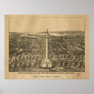 Poster 1880 Baltimore, mapa panorâmico da opinião de ol
