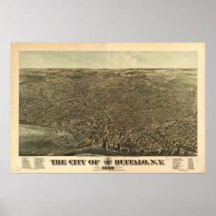 Poster 1880 Buffalo, NY Birds Olham Ver Mapa Panorâmico